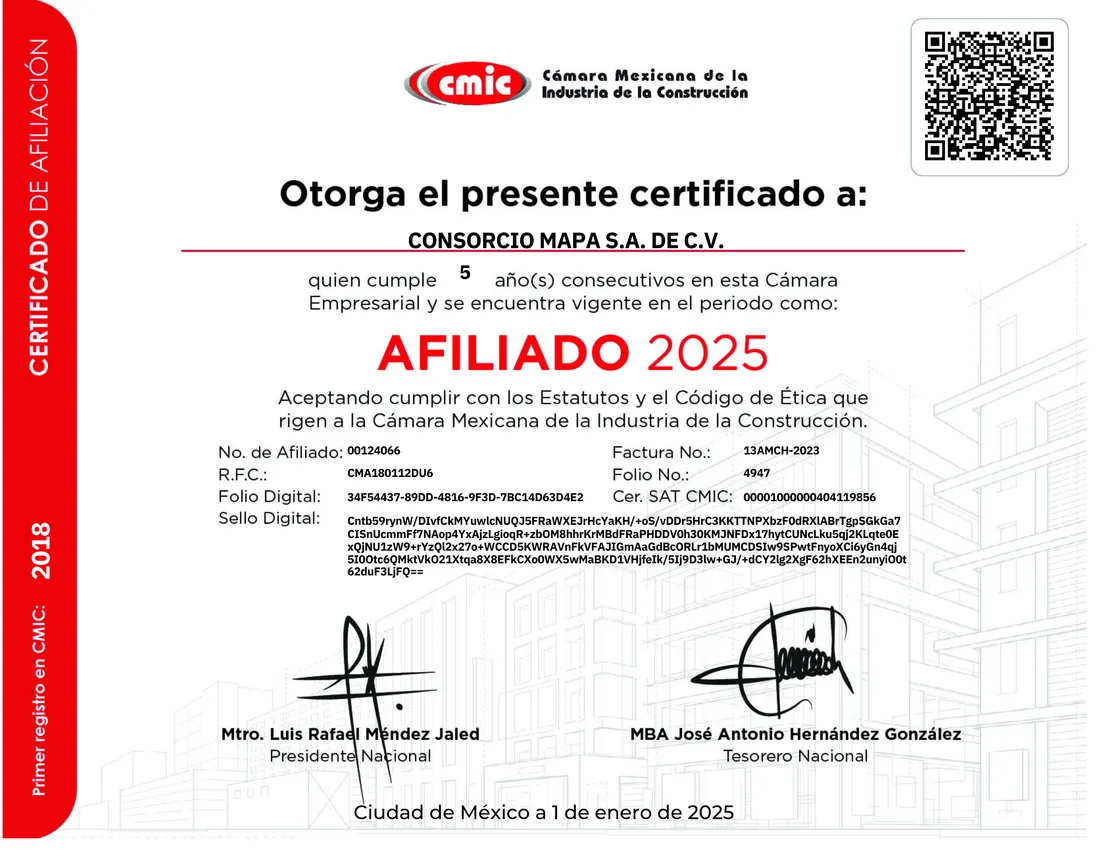 Afiliaciones y certificación de Consorcio MAPA S.A. de C.V.